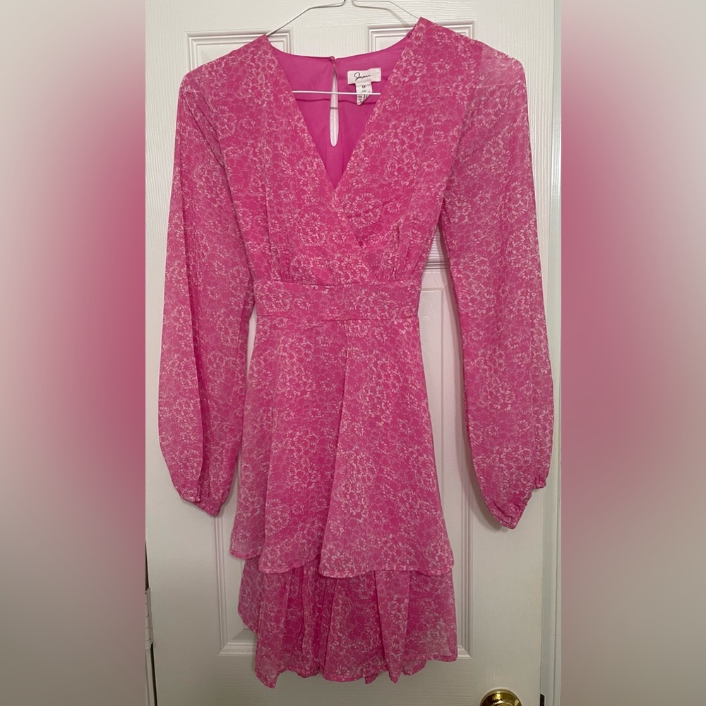 Pink Long Sleeve V-Neck Dress